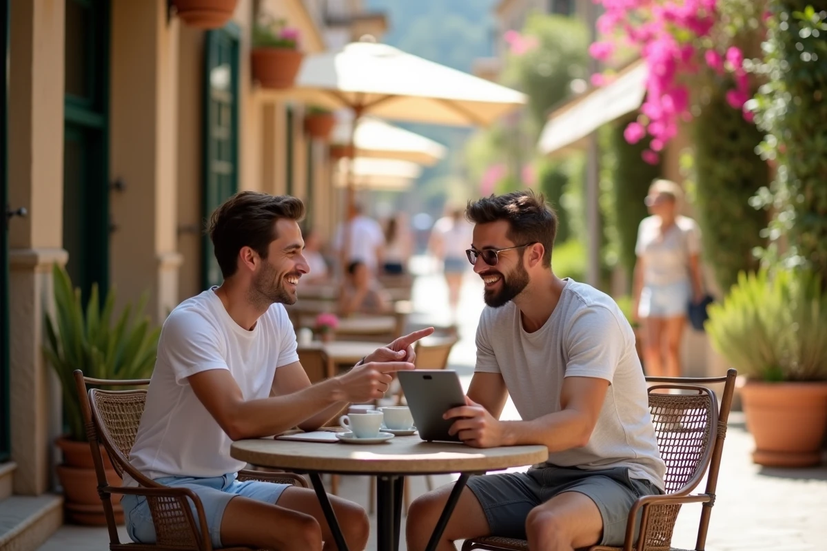 Jeune homme riant avec un ami au café en plein air