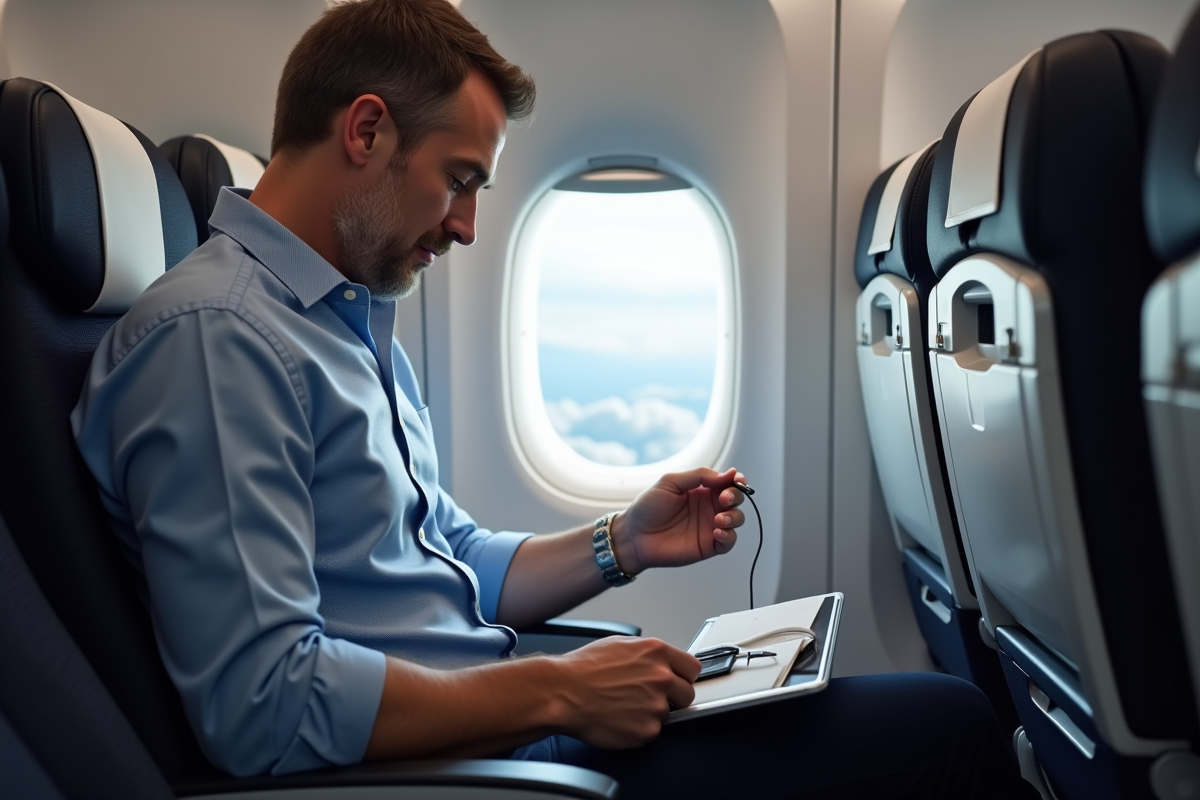 Homme en avion place un câble de chargement dans la poche