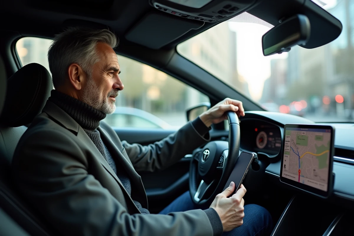 Homme au volant regardant son smartphone dans la voiture
