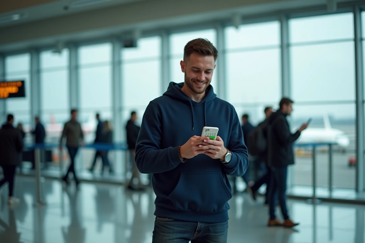 Homme consultant Google Flights sur smartphone dans un aéroport pour trouver des billets moins chers