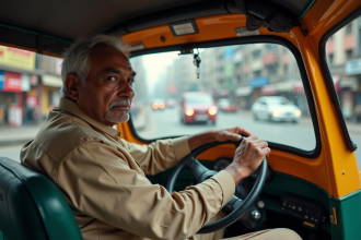 Homme indien en uniforme dans un autorickshaw urbain