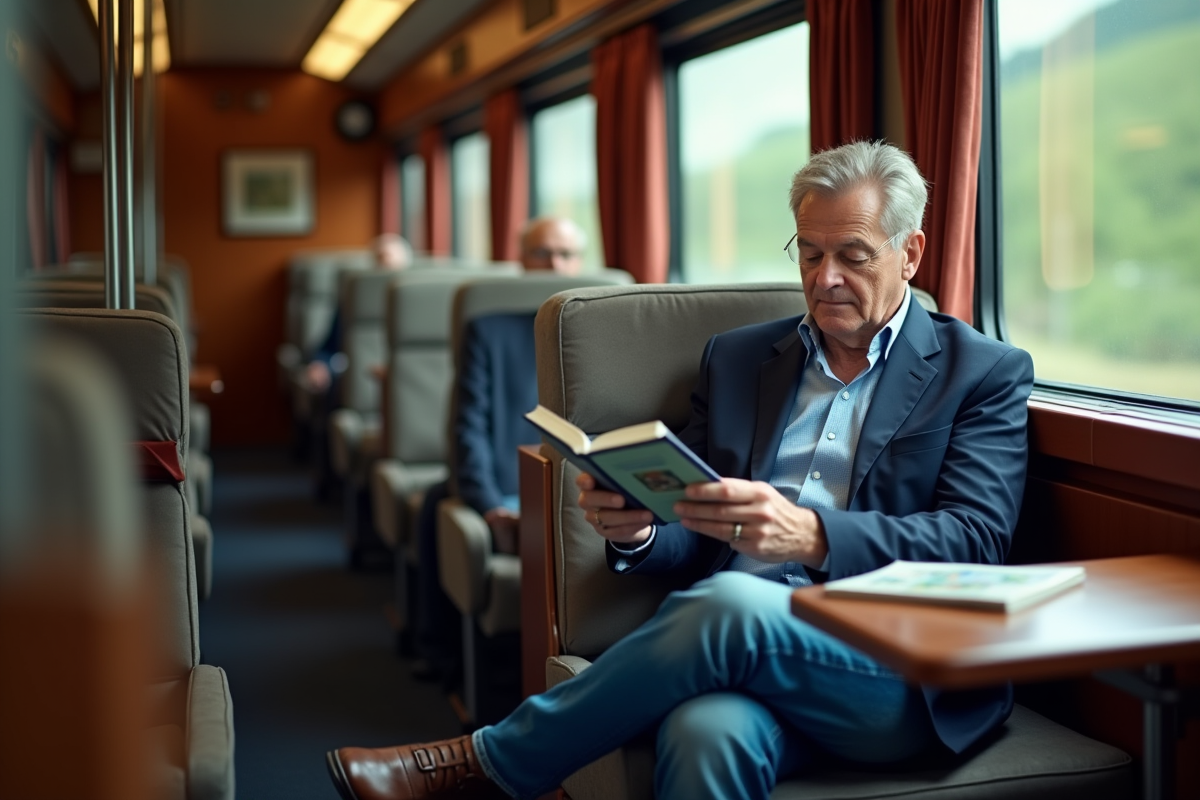 Homme lisant un guide dans un train européen