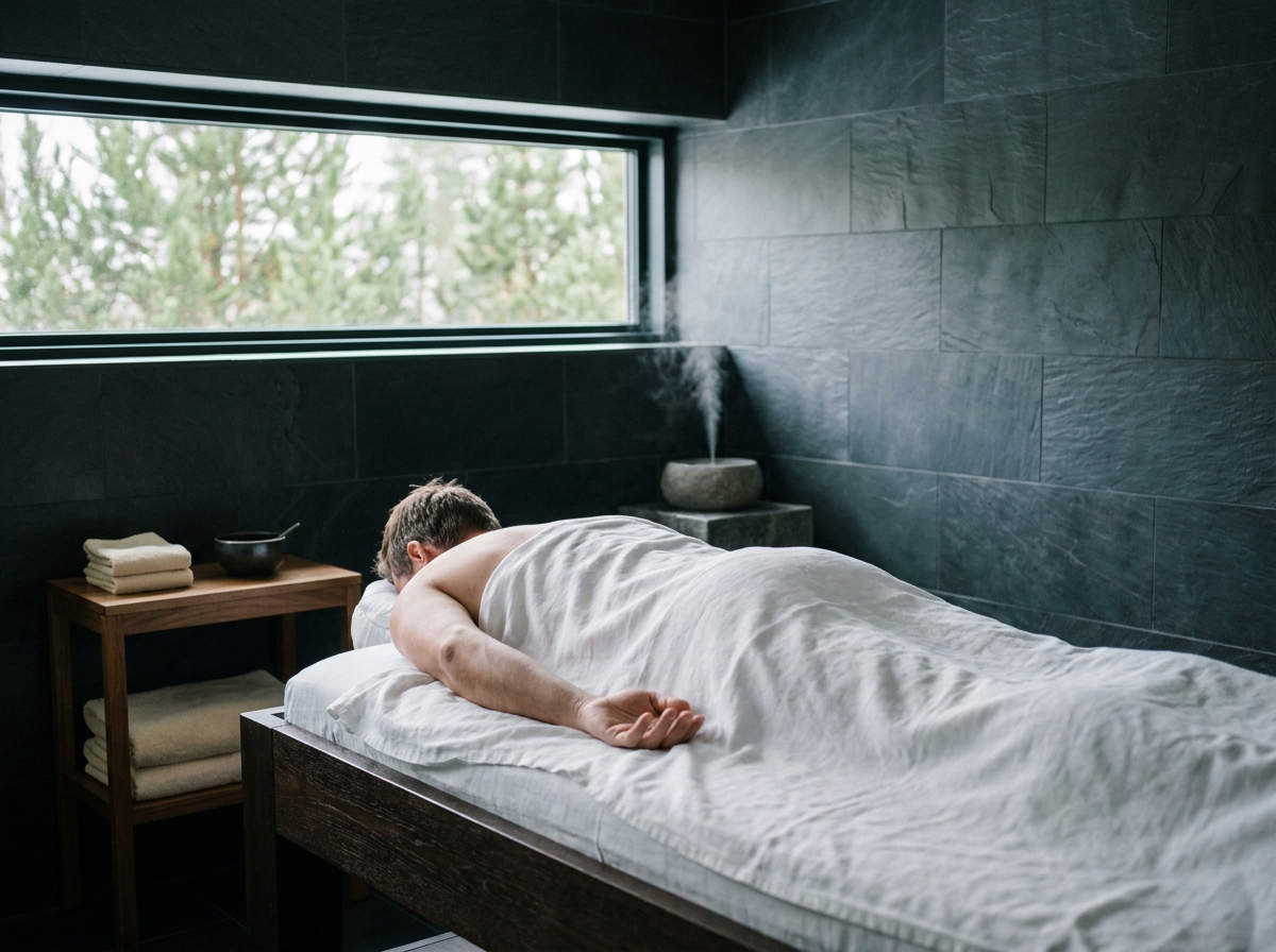Homme allongé sur une table de massage dans une salle de soin épurée d'un hôtel spa en pleine nature