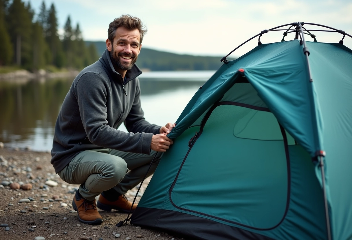 Homme installant une tente au bord d’un lac paisible