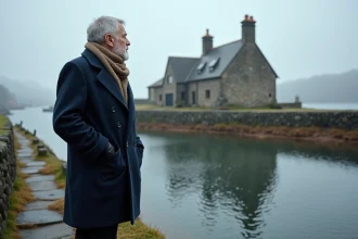 Homme en peacoat regardant la cabane de Saint Cado en hiver
