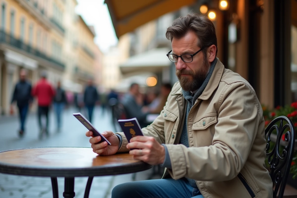 Homme examinant son permis de conduire et passeport dans un café urbain