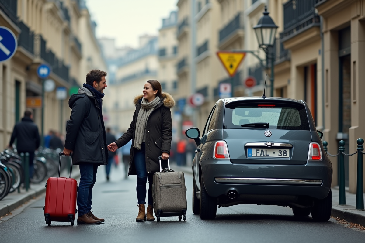 Homme saluant un couple avec voiture dans une rue parisienne