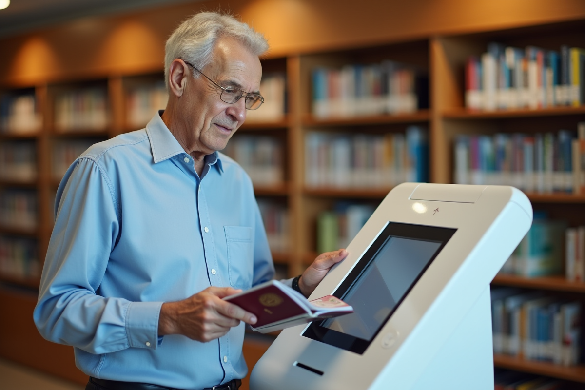 Homme scanne son passeport dans une bibliothèque publique