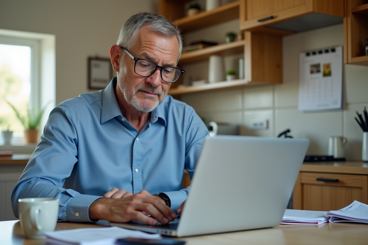 Homme d âge moyen travaillant à la maison sur son ordinateur