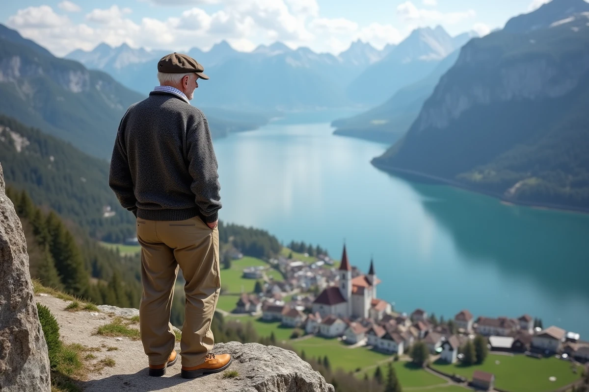 Homme âgé admirant le panorama de Hallstatt depuis un point de vue
