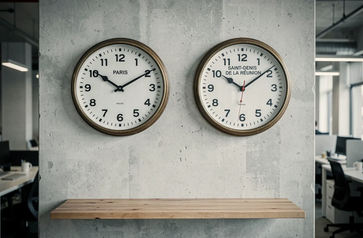 Deux horloges murales analogiques affichant l'heure de Paris et de Saint-Denis de La Réunion pour illustrer le décalage horaire