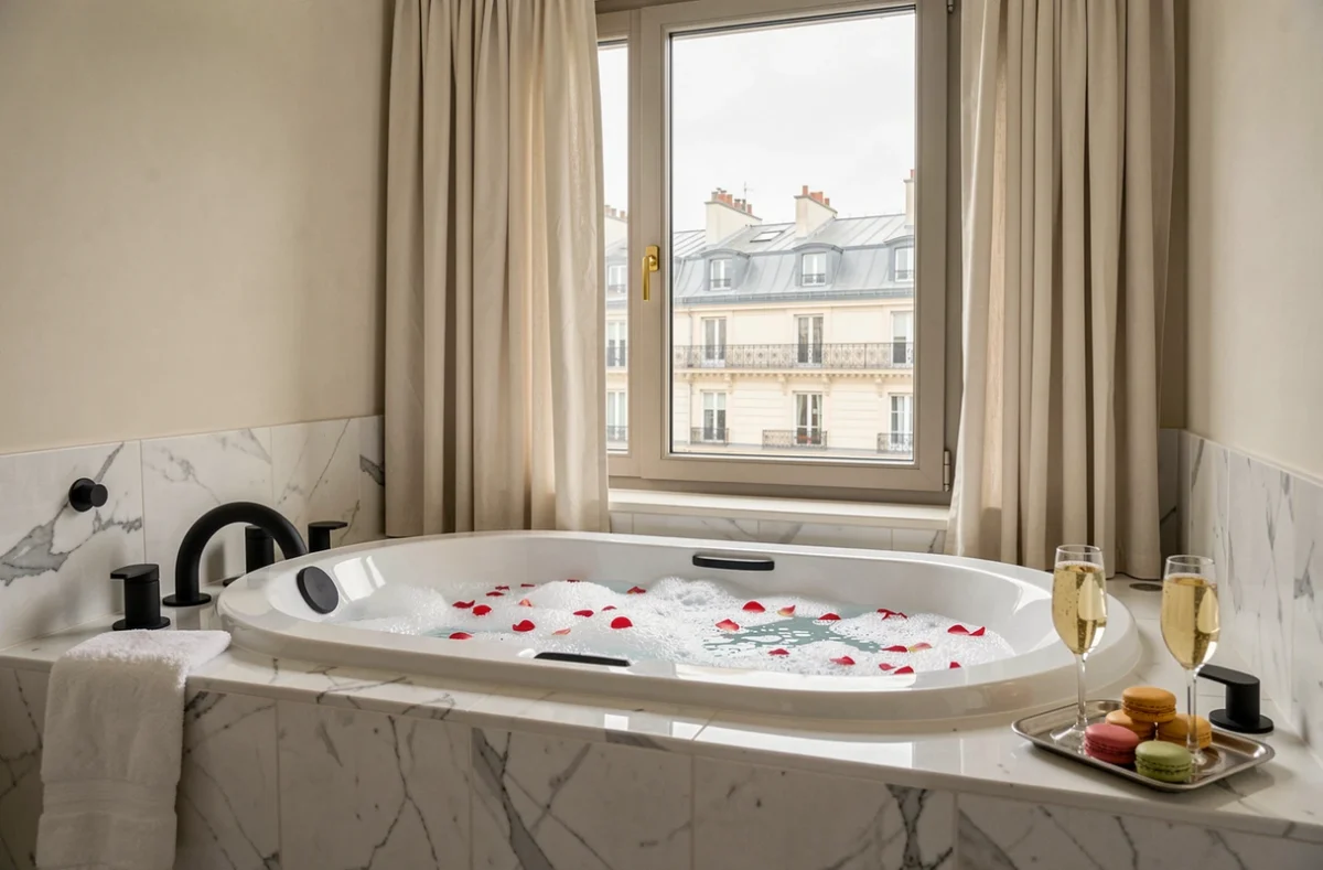 Chambre d'hôtel de luxe à Paris avec jacuzzi privatif et vue sur les toits haussmanniens