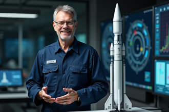 Ingénieur aérospatial devant modèle Ariane 6 dans salle de contrôle