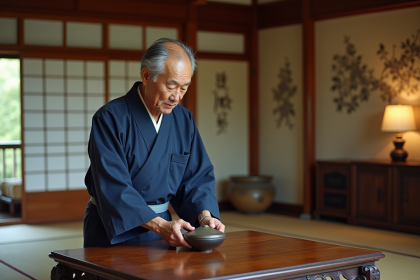 Homme d'auberge japonais en kimono arrangeant un vase