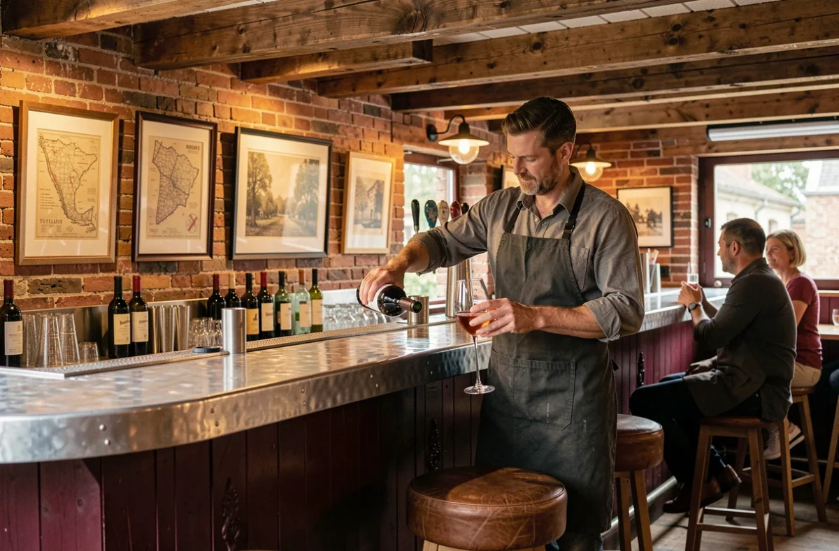 Intérieur chaleureux d'un bar-péniche à Toulouse avec comptoir en zinc et décoration industrielle chic