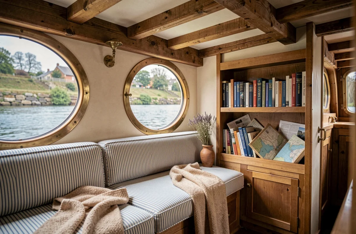 Intérieur cosy d'une cabine de péniche aménagée avec poutres en chêne et hublot sur la rivière