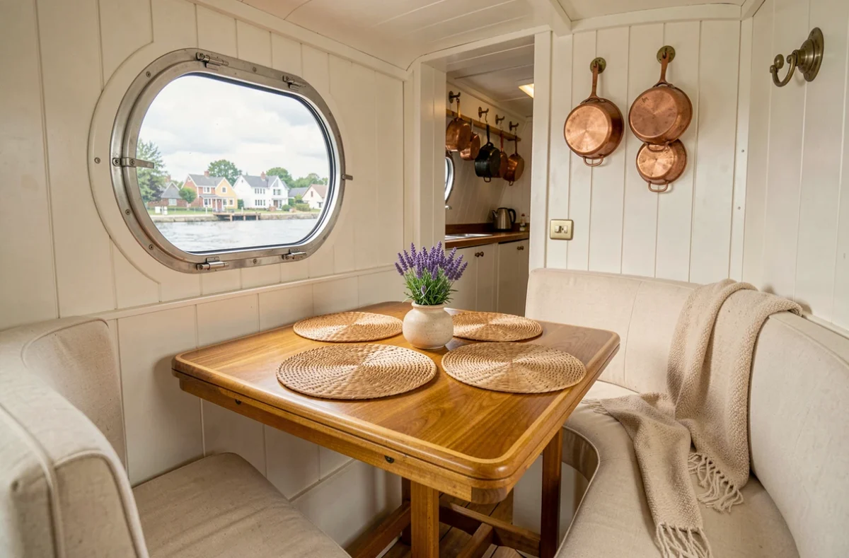 Intérieur chaleureux et élégant d'une cabine de péniche de location avec table dressée et hublot sur le canal