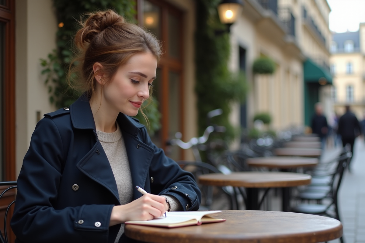 Jeune femme écrivant dans un café parisien avec rue authentique