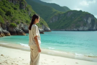 Jeune femme indonesienne sur une plage isolée de Lombok