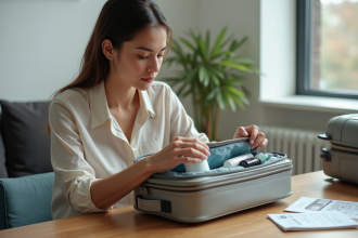Jeune femme préparant sa trousse de toilette pour voyager