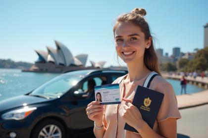 Jeune femme souriante tenant son permis international et passeport australien devant Sydney Opera House