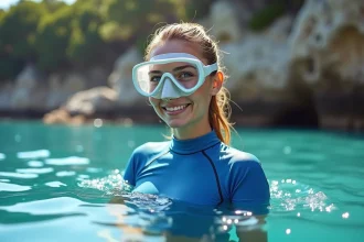 Jeune femme en rash guard bleu sortant de l'eau méditerranéenne