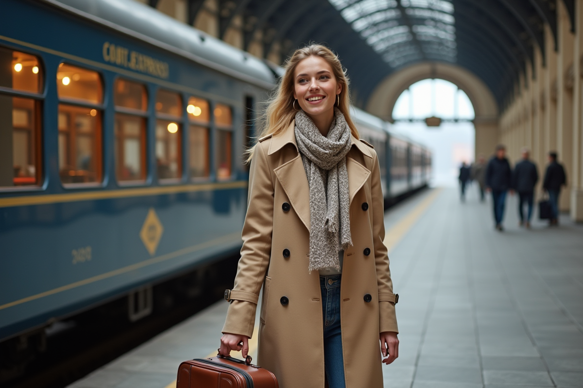 Jeune femme avec valise sur plateforme de gare historique