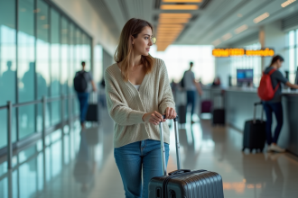 Jeune femme zippant sa valise à l'aéroport