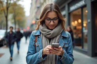 Jeune femme en ville tenant son smartphone avec concentration