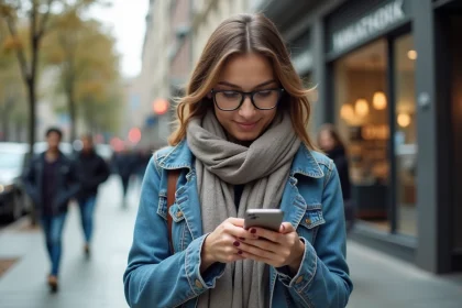 Jeune femme en ville tenant son smartphone avec concentration