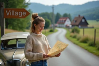 Jeune femme souriante avec voiture vintage en Bavière