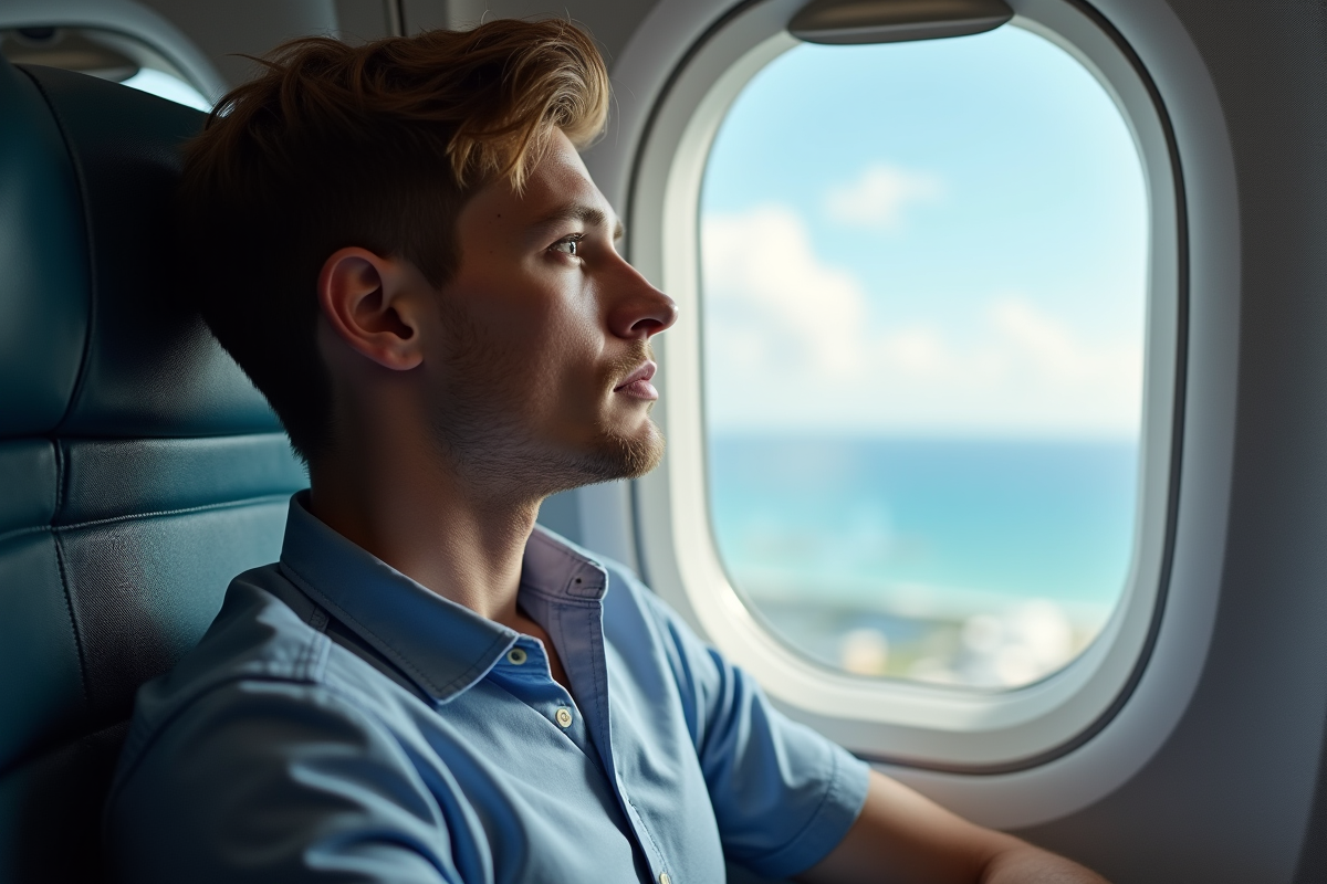Jeune homme en vol regardant le ciel et la mer