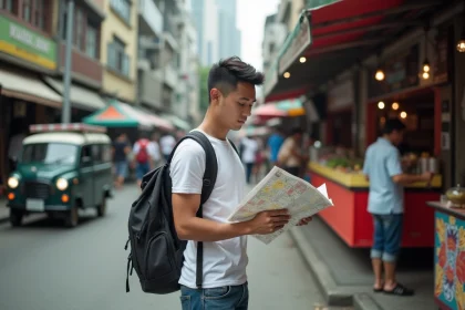 Jeune homme philippin vérifiant une carte dans un marché de Manille