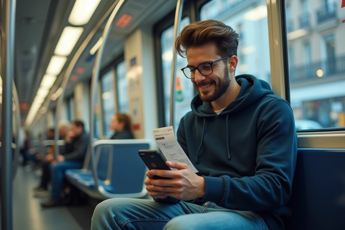 Jeune homme dans le metro lisant un reçu Navigo sur son smartphone