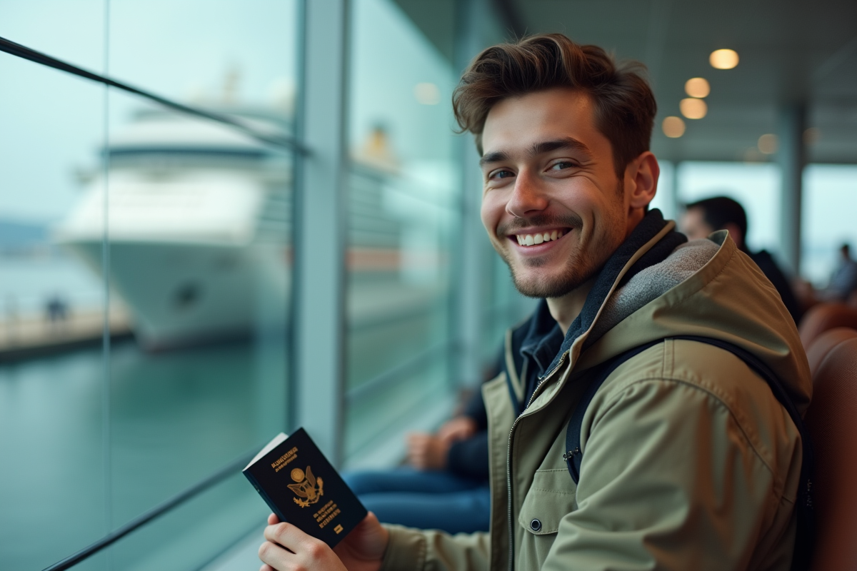 Jeune homme avec passeport sourire près du terminal