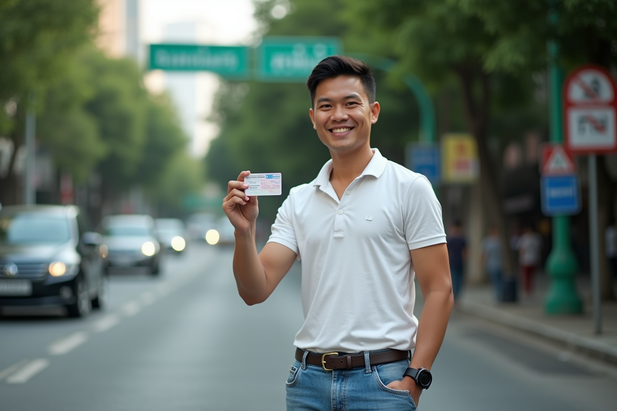 Jeune homme thaïlandais tenant son permis de conduire à Bangkok