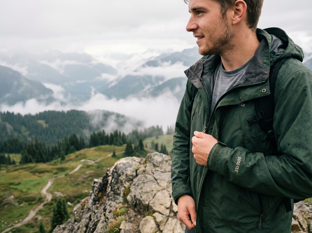 Jeune homme en veste de randonnée au sommet de la montagne