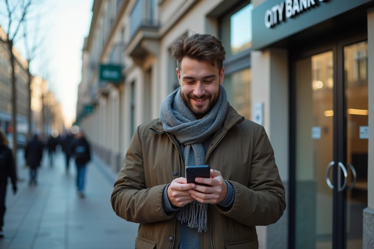 Jeune homme vérifiant ses offres financières en ville