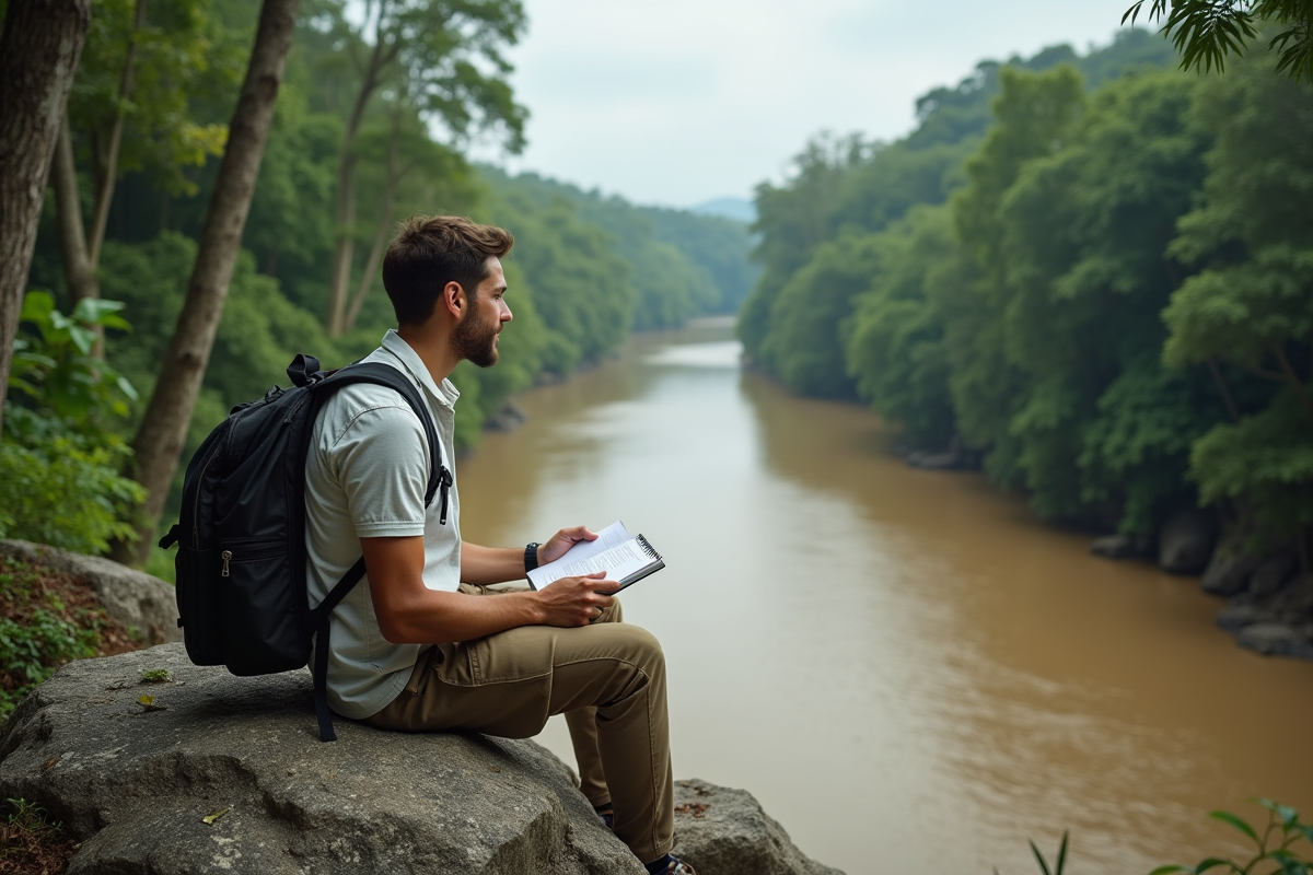 Jeune ingénieur assis sur un rocher au bord de lAmazonie