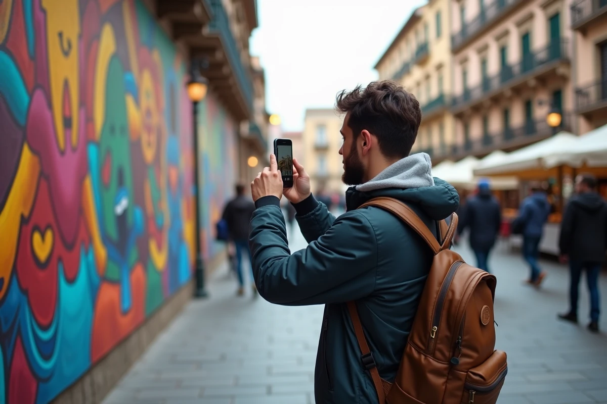 Jeune homme photographiant des fresques murales en ville