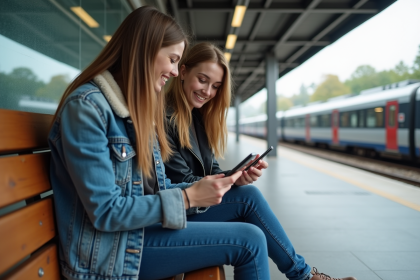 Deux jeunes femmes discutent avec smartphone à la gare