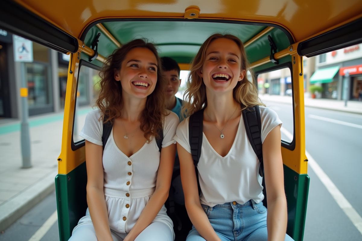 Jeunes femmes et adolescent dans un tuktuk urbain en ville