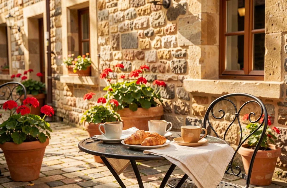 Cour ensoleillée de La Cour de Beaune avec petit-déjeuner français servi sur une table en fer forgé