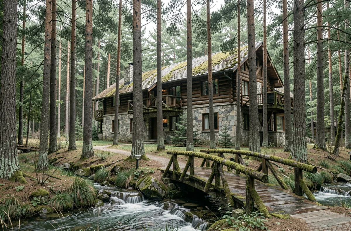 Façade en pierre de La Source des Fées nichée dans une forêt de pins avec un ruisseau et un pont en bois moussu