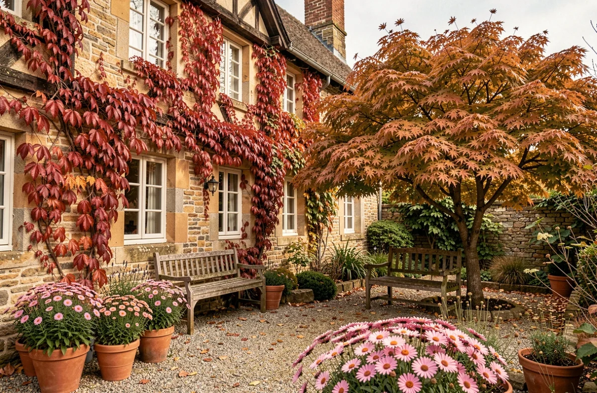 Jardin automnal du Clos des 4 Saisons avec vigne vierge cramoisie, érable japonais et terrasse en gravier