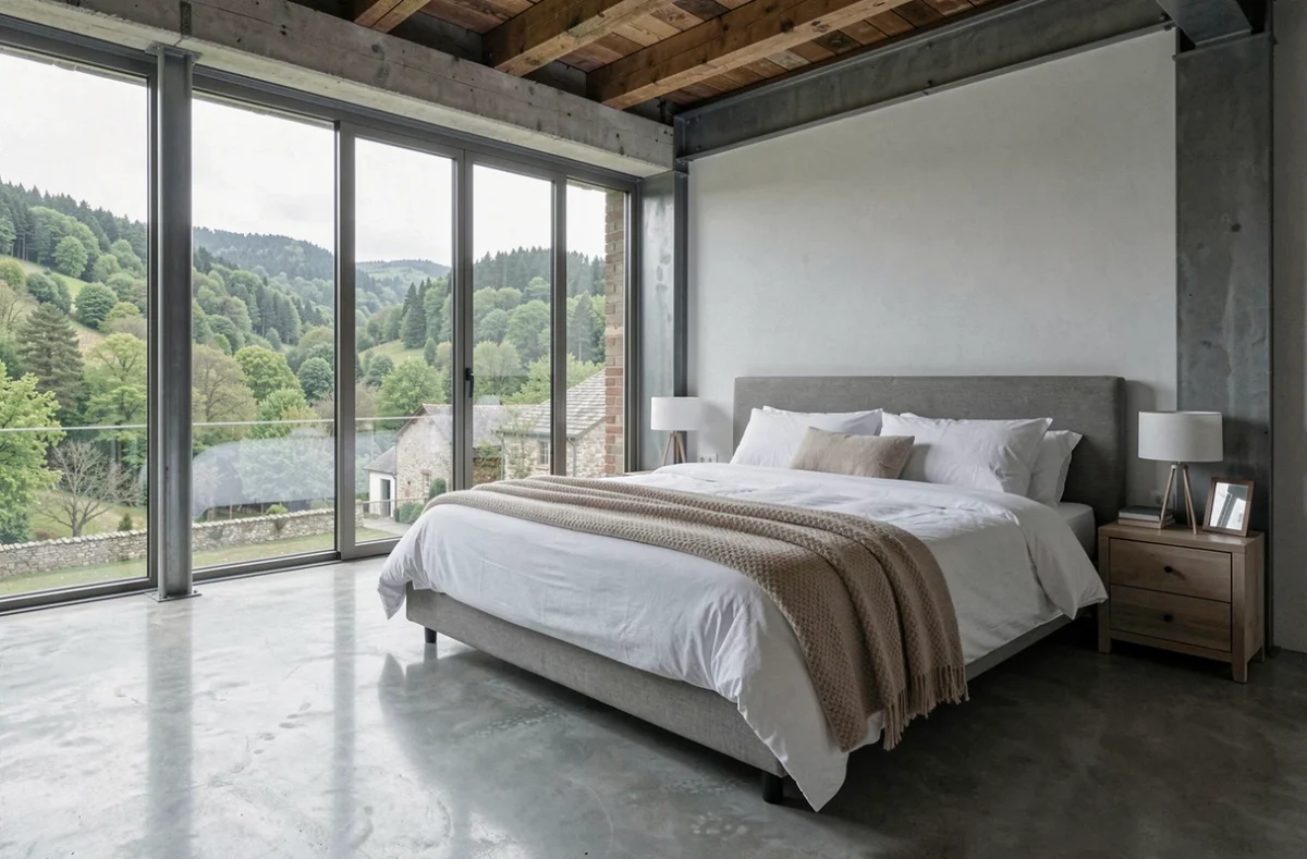 Intérieur moderne du Loft de Souhey avec sol en béton ciré, grandes fenêtres métalliques et vue sur la vallée boisée