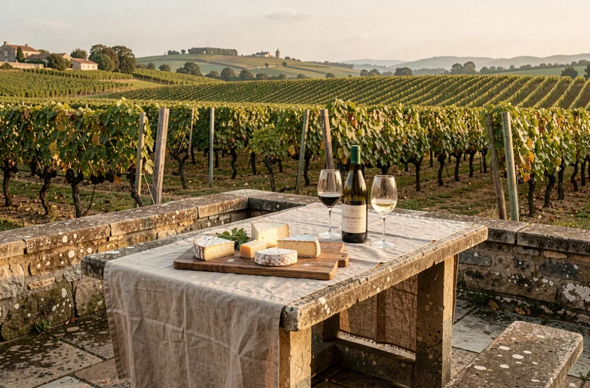 Terrasse en pierre du Verger sous les Vignes avec plateau de fromages bourguignons et vue sur les rangs de vigne