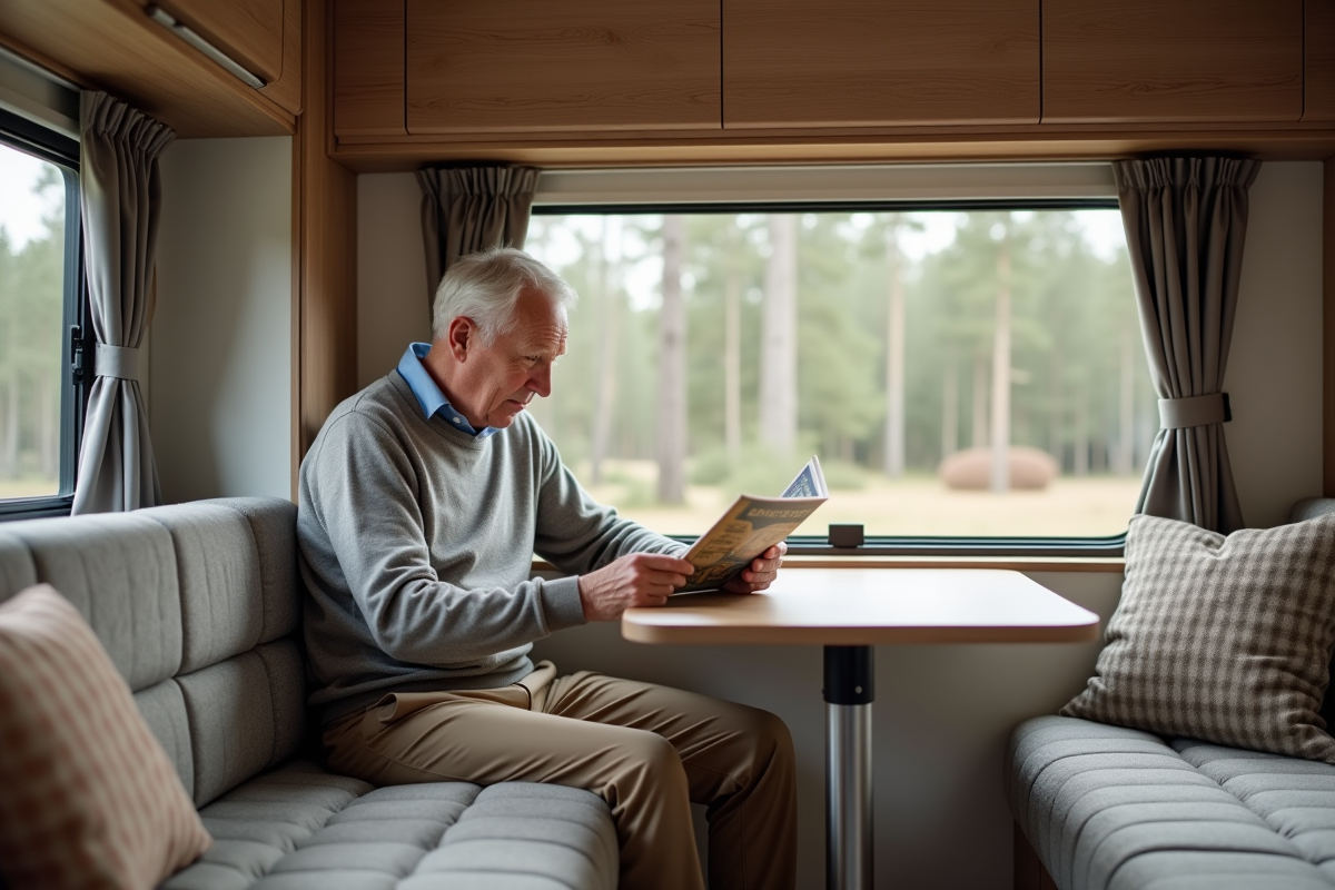 Homme seul lisant brochure dans un motorhome