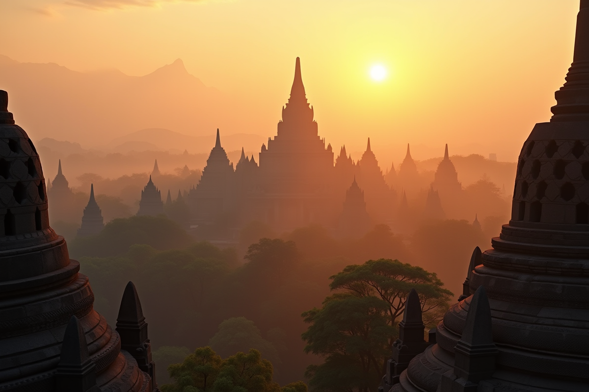 Lever de soleil sur temples anciens en Asie du Sud-Est
