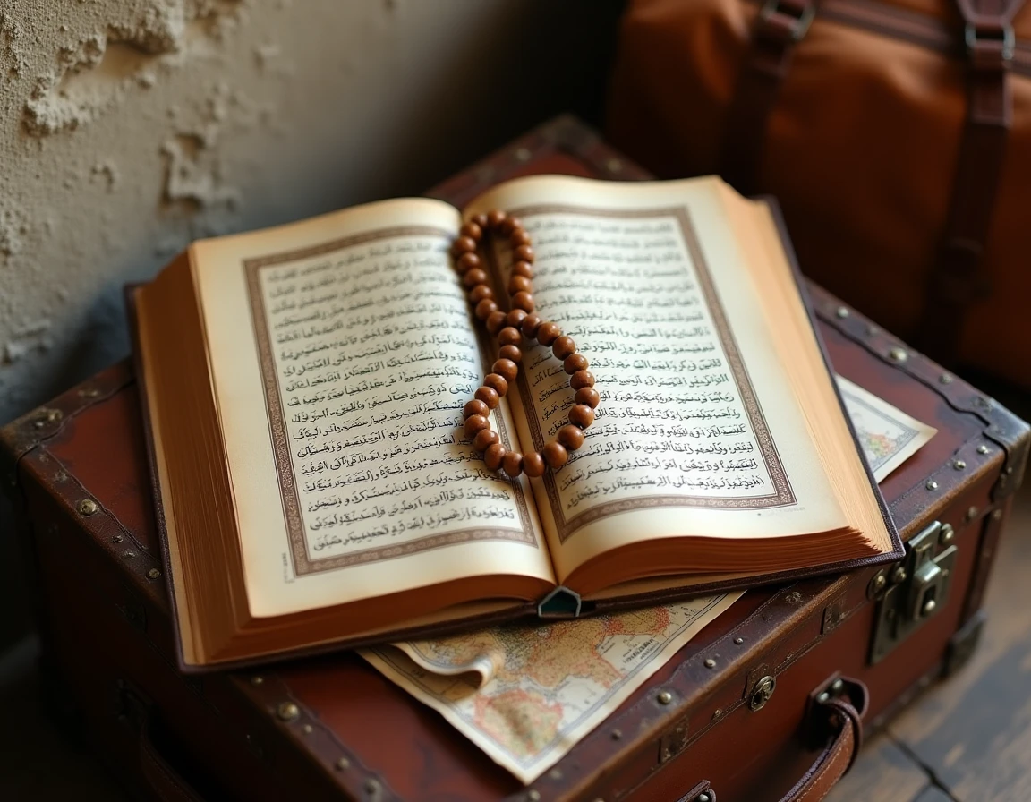 Livre de doua en arabe ouvert sur un coffre de voyage avec chapelet et carte, ambiance authentique de pèlerin